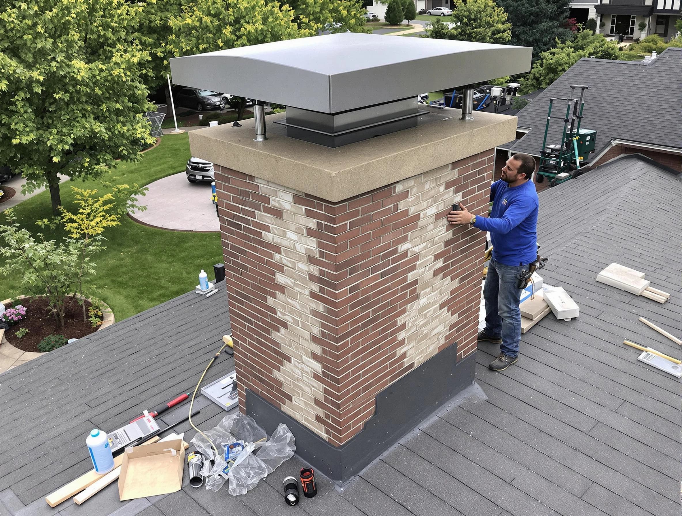 Bensley Chimney Sweep team working on a custom chimney remodel in Bensley, VA